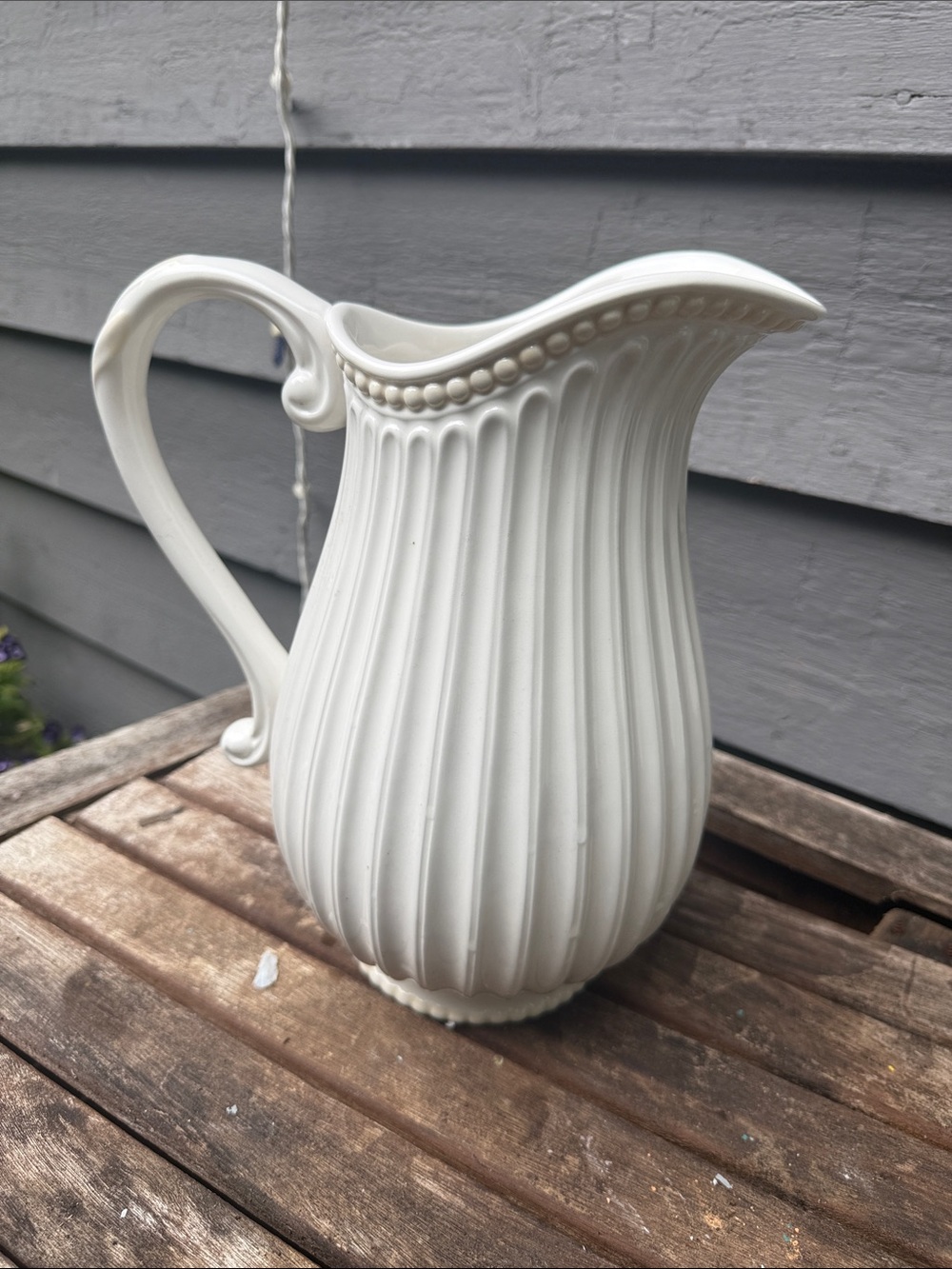 Lenox Cream Ribbed Ceramic Pitcher with Beaded Edge Butlers Pantry
